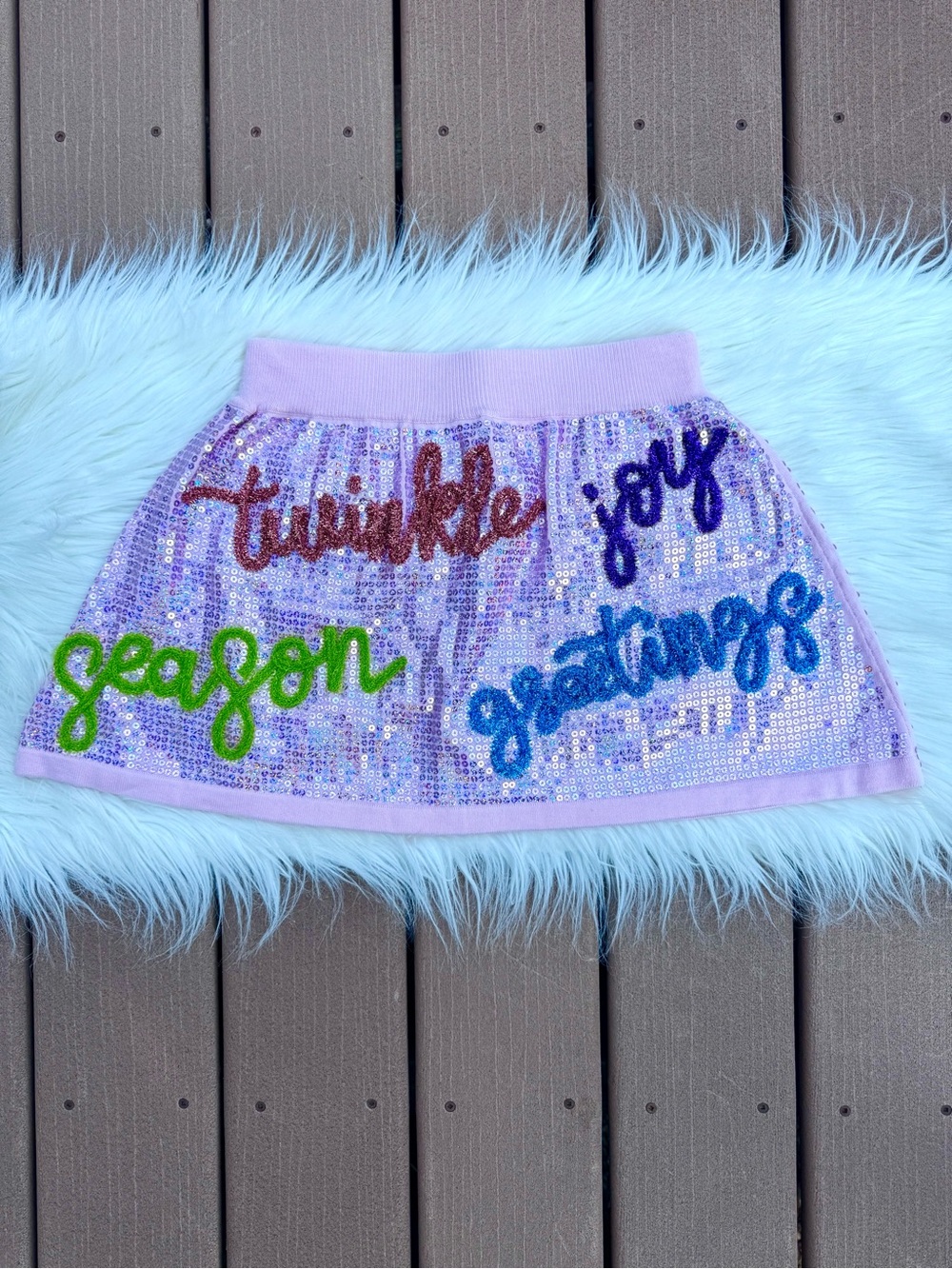 QUEEN OF SPARKLES Pink Sequin Knit Skirt with Holiday Script